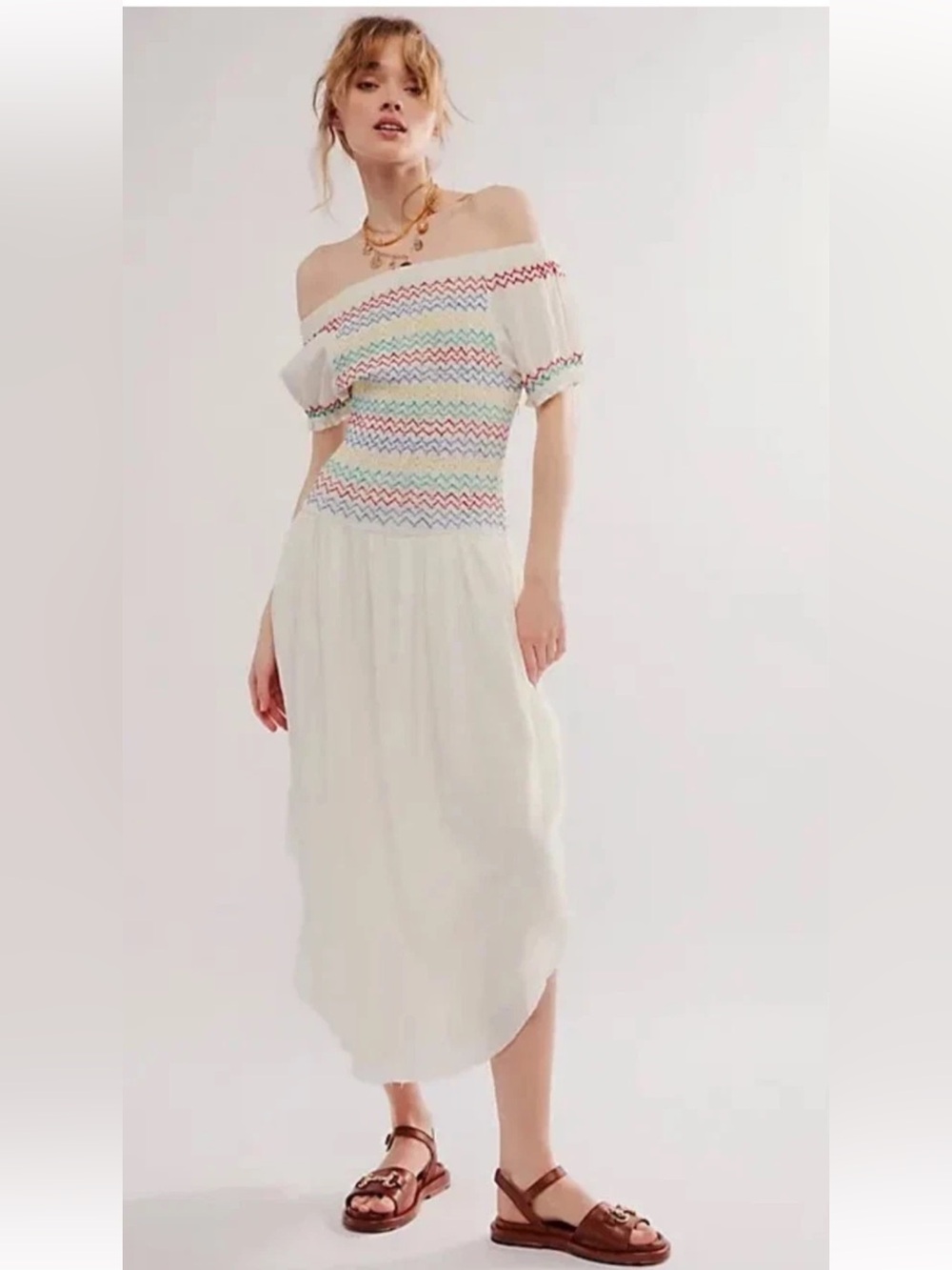 FREE PEOPLE Catch Me Midi Dress Ivory Rainbow Embroidered  NWT Boho Festival XS